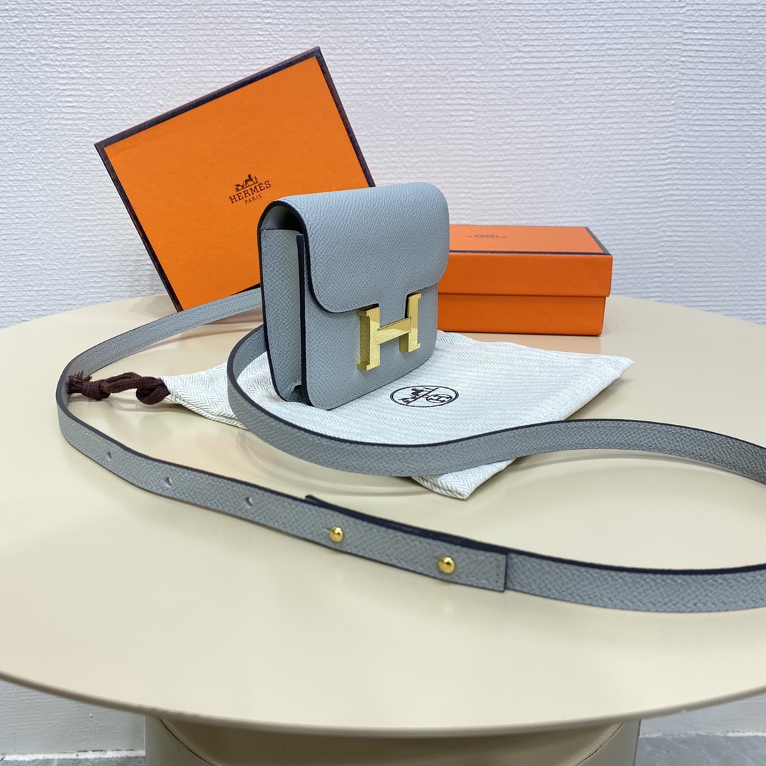 Hermes Constance Slim Wallet Belt Bag In Blue Lin Epsom Leather